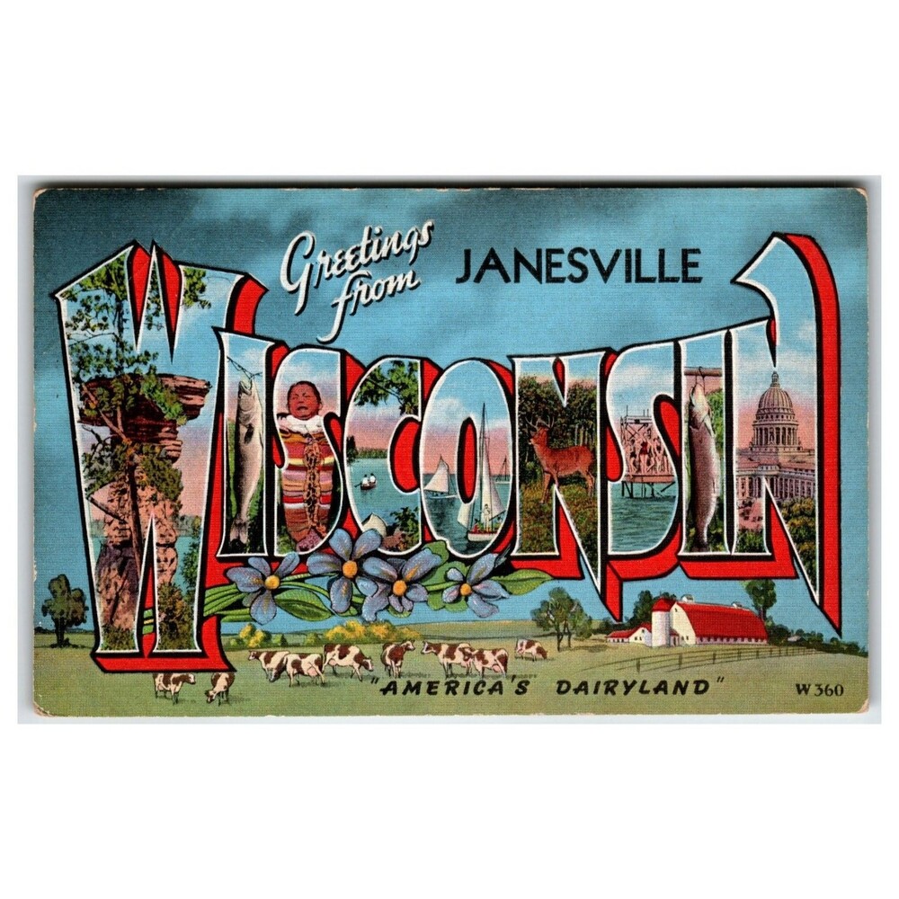 Greetings From JANESVILLE WISCONSIN Large Letter Linen Postcard